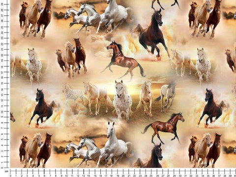 1 METER - Digital Print med heste - GOTS - Global Organic Textile Standard.