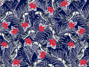Digital Print med  tukaner og røde blomster - Oekotex 100