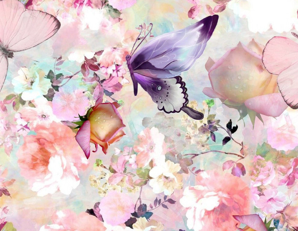 Digital Print med sommerfugle og blomster - GOTS - Global Organic Textile Standard
